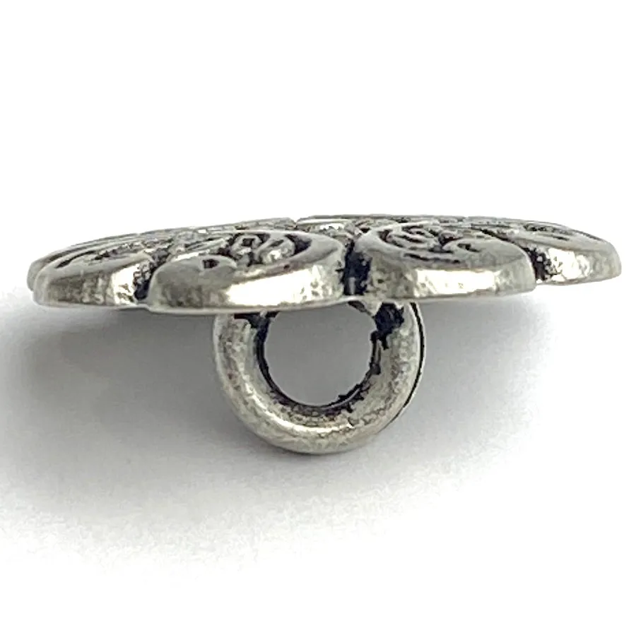 Baroque Petals, 11/16" Antique Silver Metal Button, 17mm, Italy, Shank Back  # FJ-70