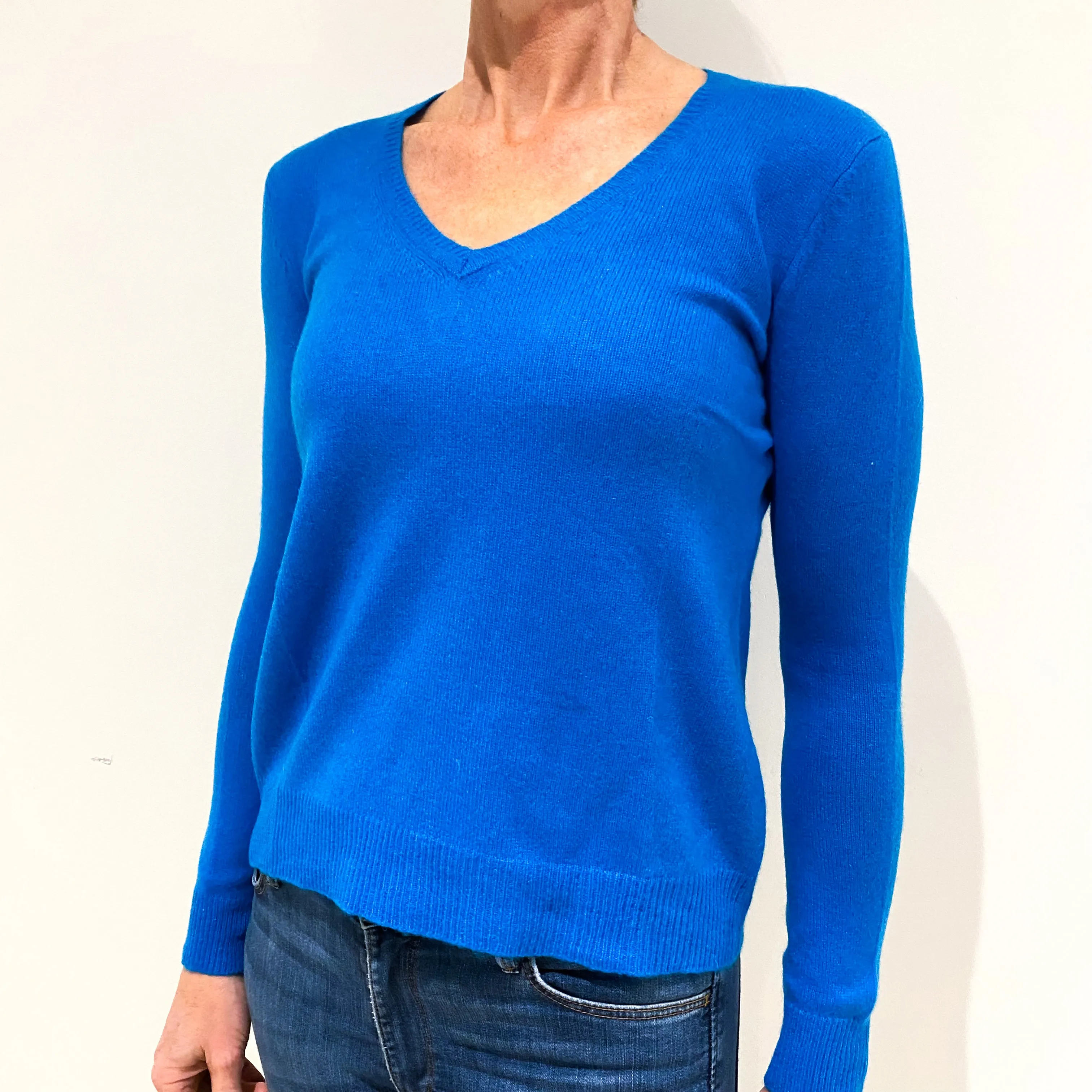 Bright Turquoise Blue Cashmere V-Neck Jumper Small Petite