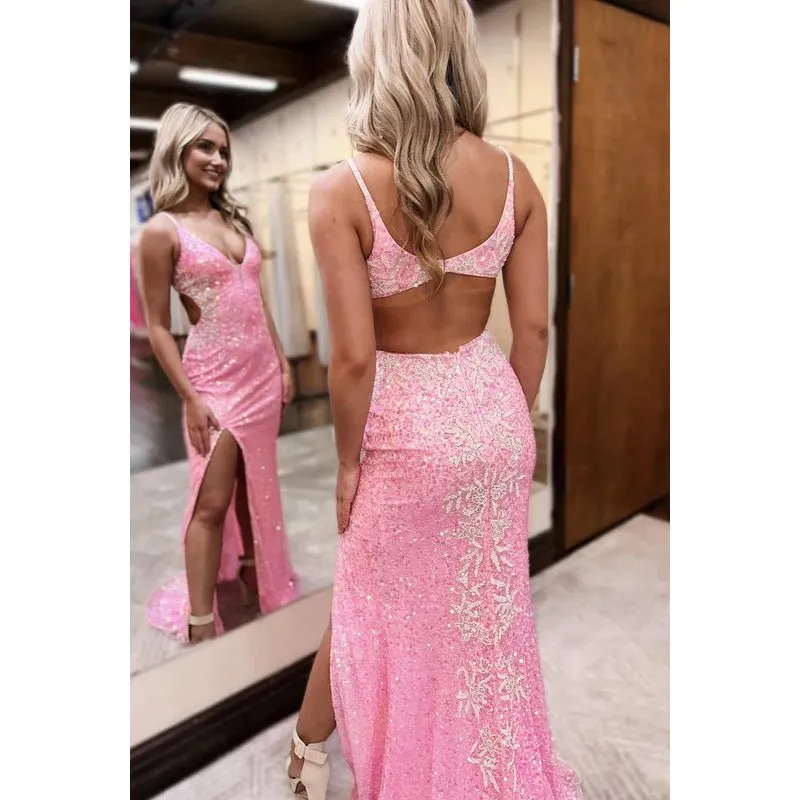 Chic & Modern Spaghetti Straps V-neck Backless Slit Sheath Sequins Prom Dress