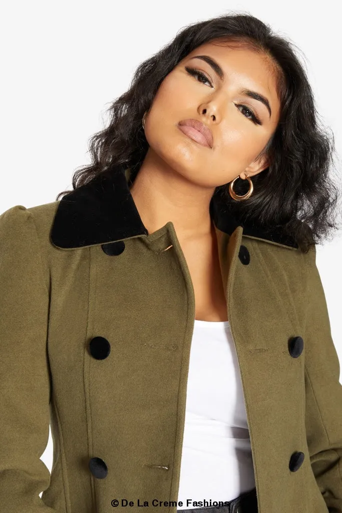 De La Creme Womens Double Breasted Velvet Trim Skater Coat
