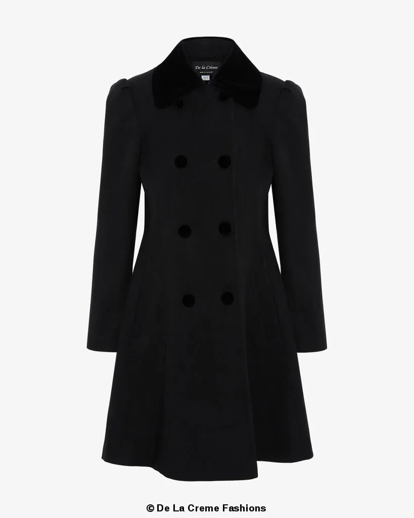 De La Creme Womens Double Breasted Velvet Trim Skater Coat