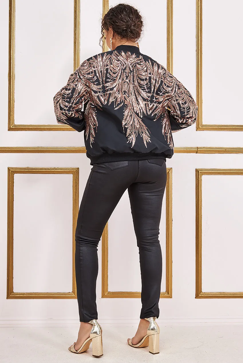Goddiva Ornamental Embroidered Sequin Zip-Up Bomber Jacket