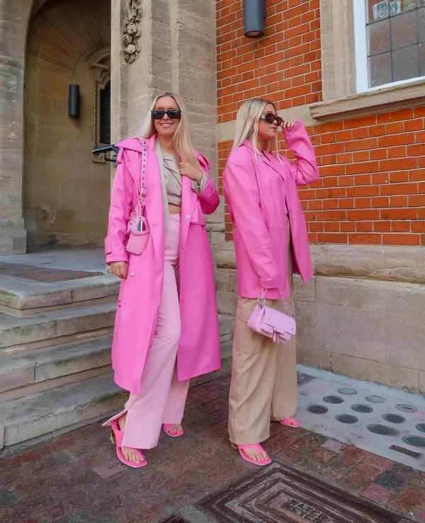 Mrs. Fredrickson Bubblegum Pink Liberty PU Leather Long Line Trench Coat