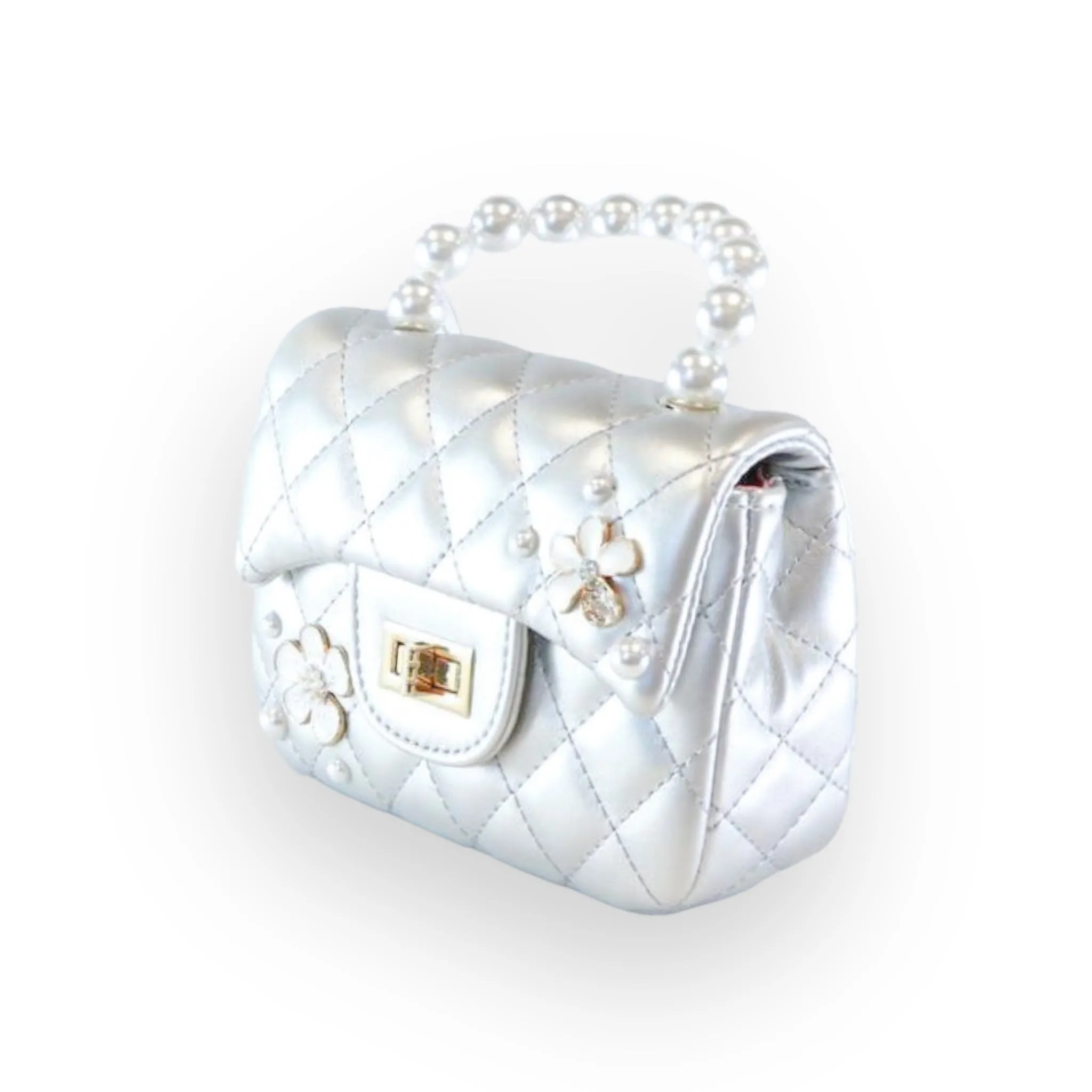 Pearl Handle Quilted Leather Purse w/ Charms - Silver
