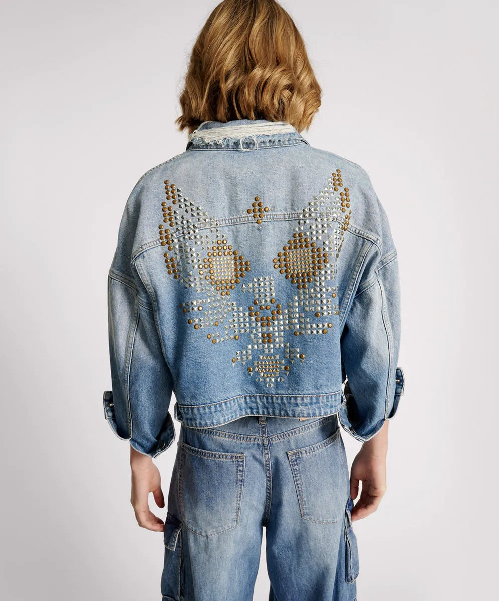 Studded Cropped Denim Jacket - Faded Blue
