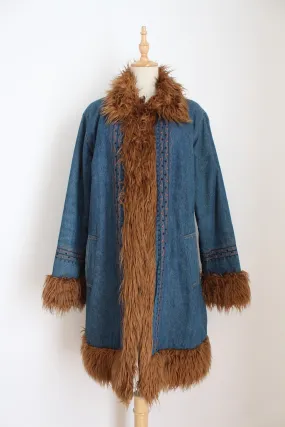 Y2K DENIM FAUX FUR COAT - SIZE 16